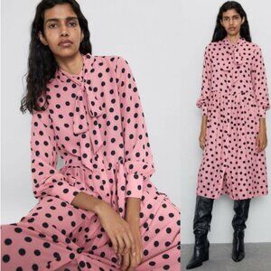 Zara pink polka dot bow dress with pleats